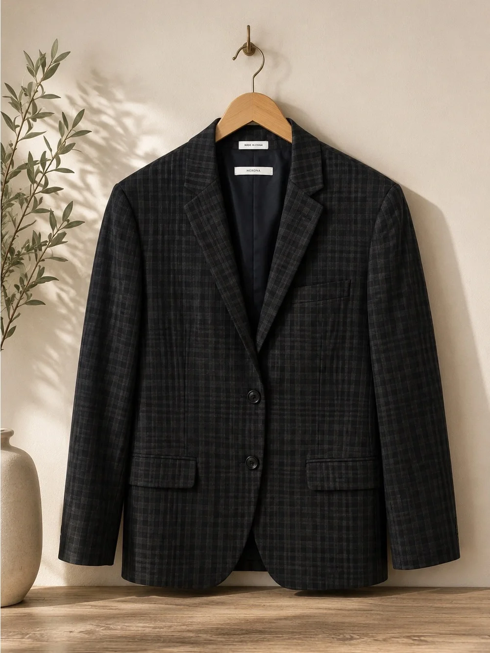 Calvin Klein Men’s M Regular Slim Fit Charcoal Plaid Blazer Sport Coat Stretch